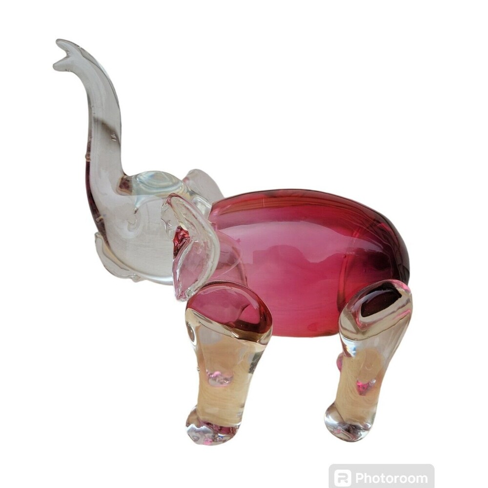 Rossi Glass Handmade Elephant Cranberry Art Glass Trunk Up 8" Tall